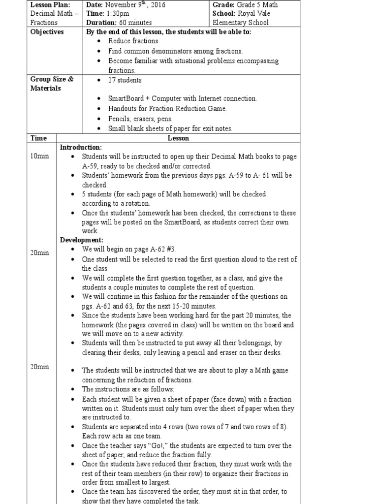 Grade 5 Decimal Math Lesson Plan | PDF | Fraction (Mathematics) | Homework