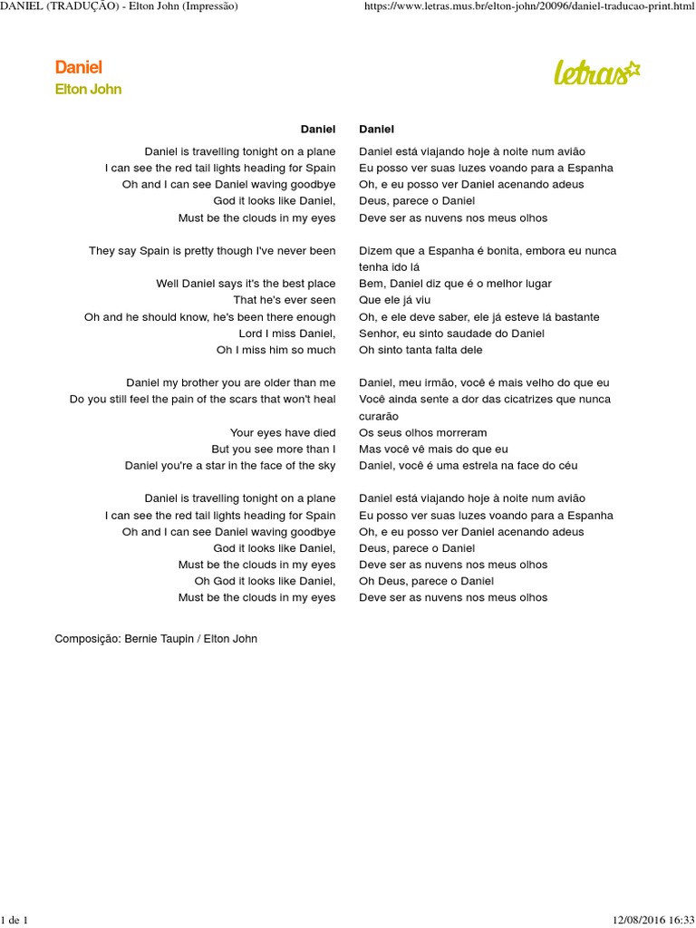 Letras - Elton John - Daniel (TRADUÇÃO) | PDF | Lazer, image size:768x1024