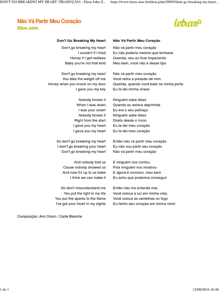 Letras - Elton John - Don't Go Breaking My Heart (TRADUÇÃO), PDF