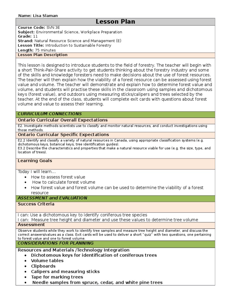 Lisa Slaman Lesson Plan Assignment | PDF | Lesson Plan | Forestry