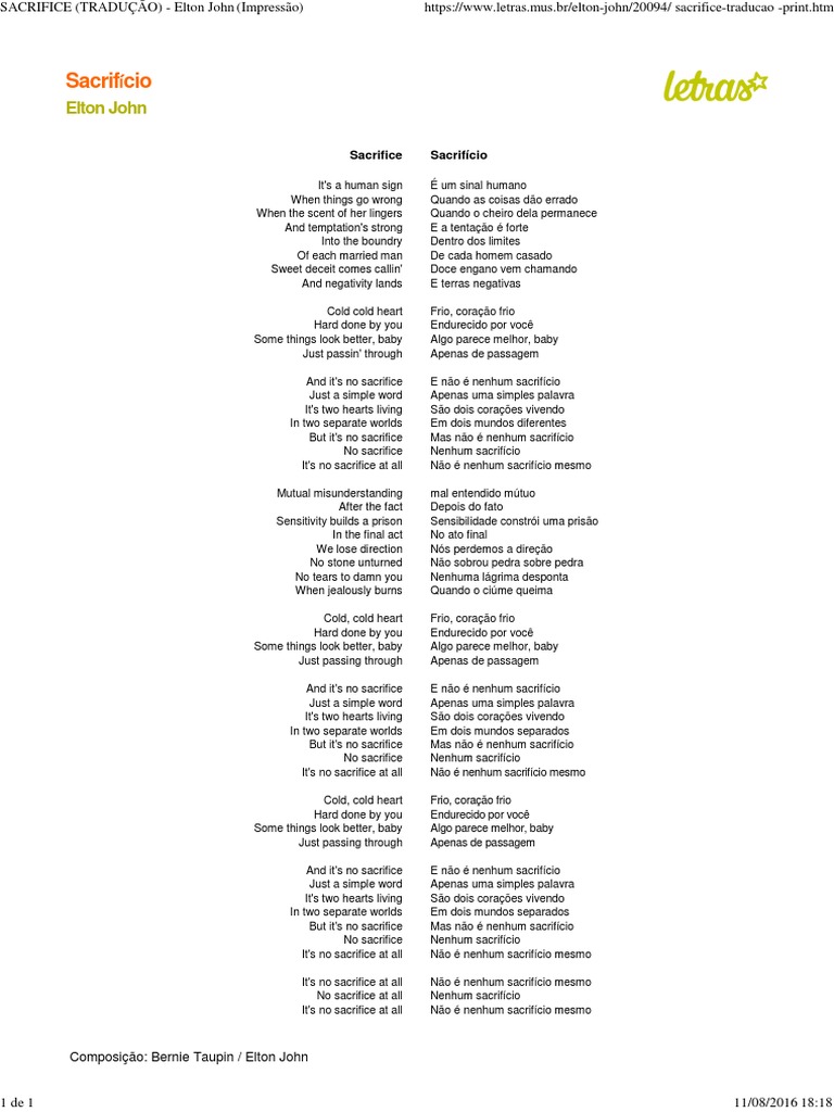 Letras - Elton John - Sacrifice (TRADUÇÃO), PDF, Lazer
