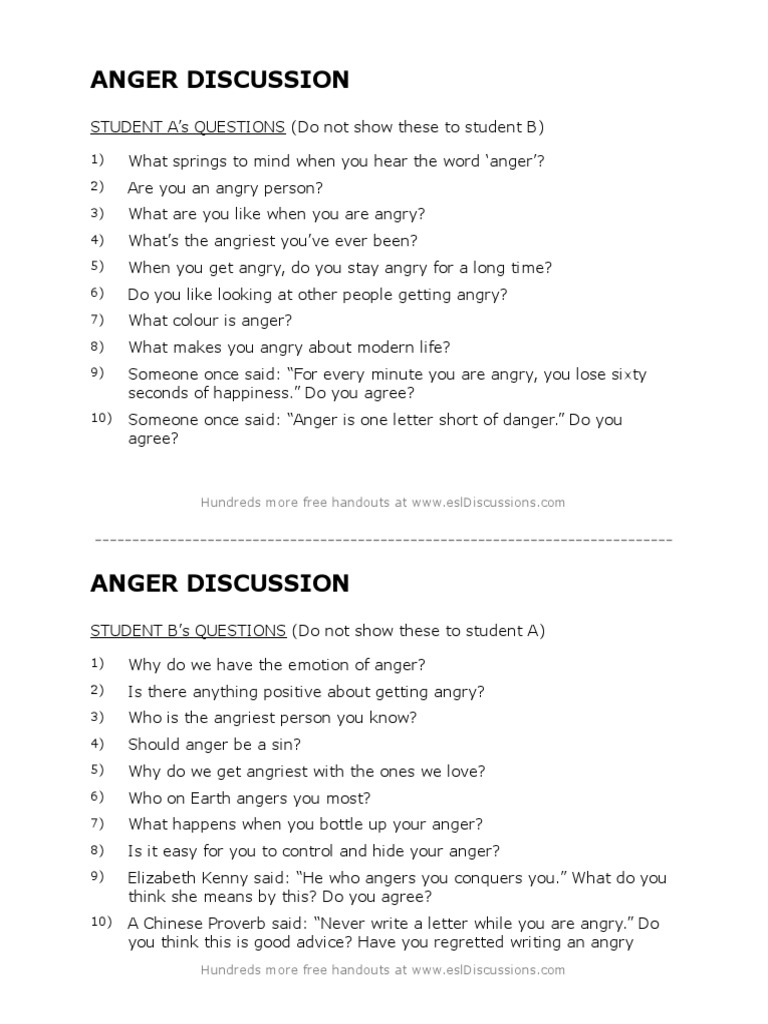 Anger Discussion Questions PDF | PDF | Self-Improvement