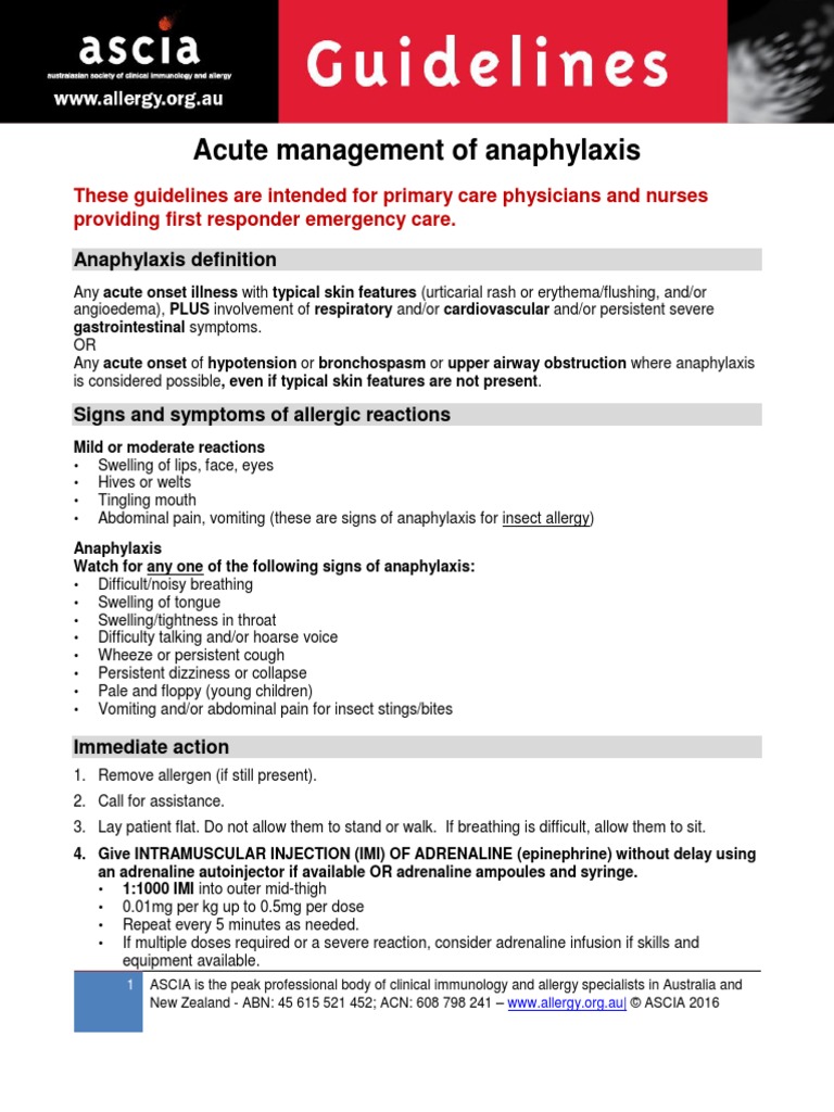 ASCIA Guidelines Acute Management Anaphylaxis Dec2016 | PDF | Allergy ...