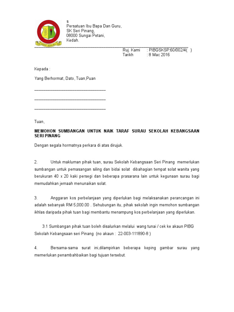 Surat Memohon Sumbangan Naik Taraf Surau