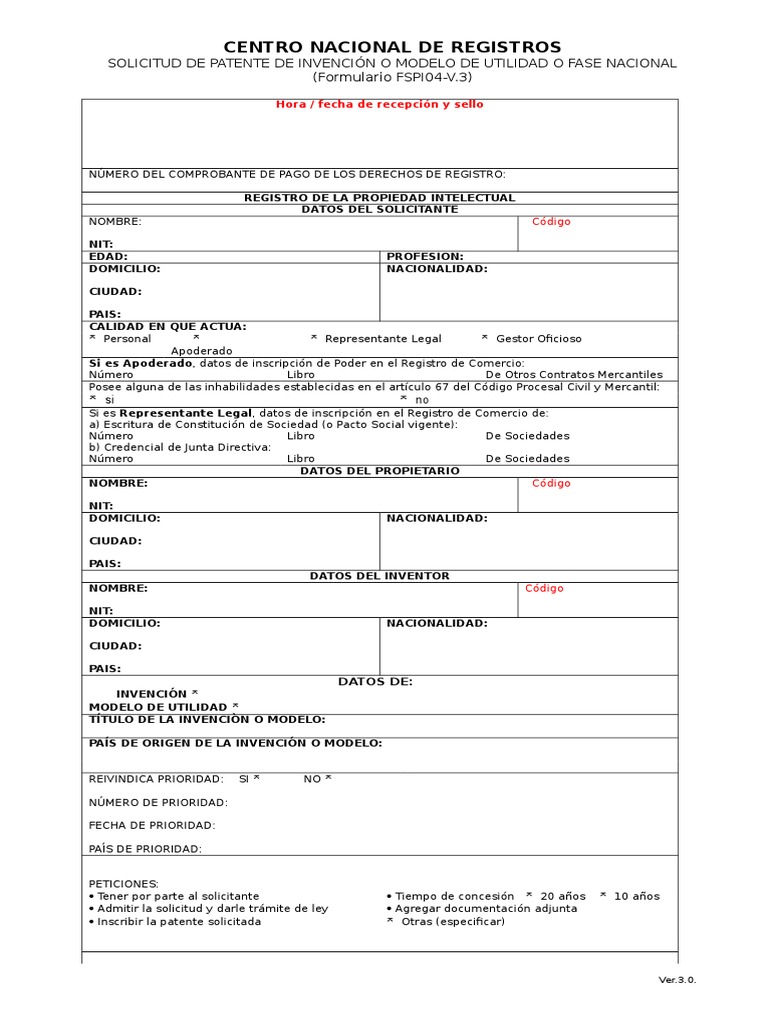 Modelo De Solicitud De Patente Fspi04 Final Patentar Correo Electronico