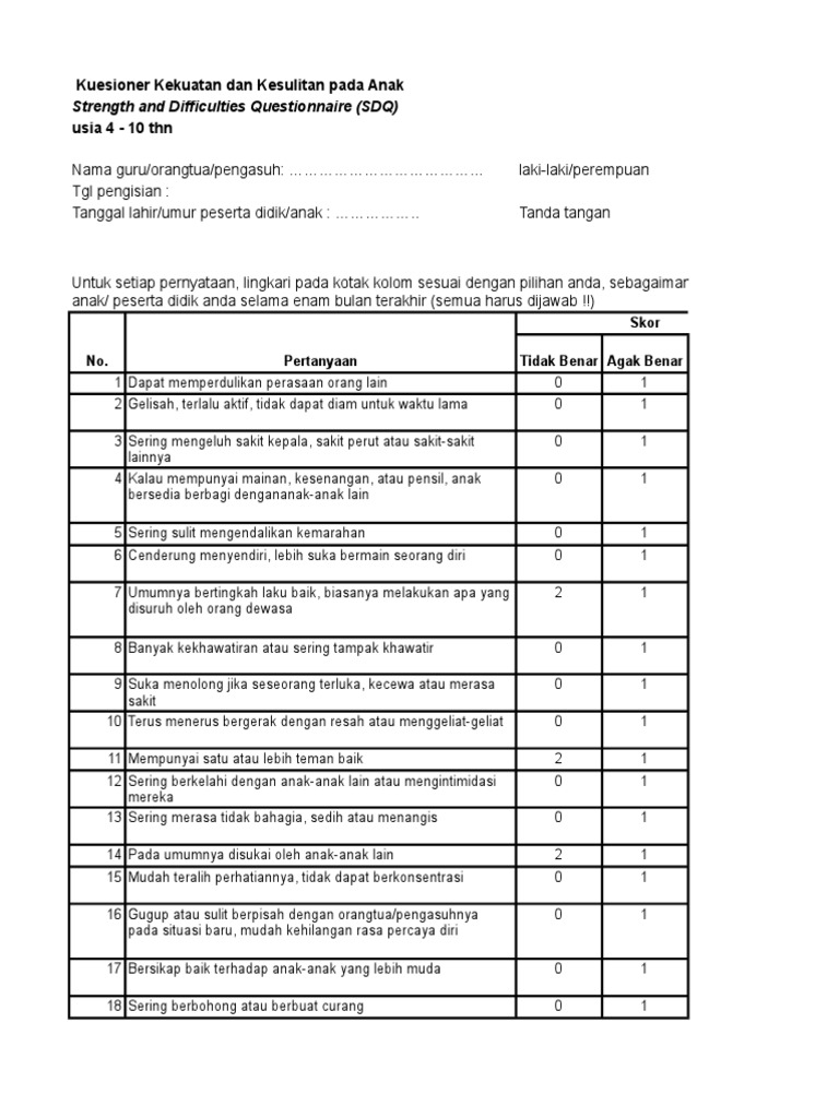 Strengths And Difficulties Questionnaire Printable Form - Printable ...