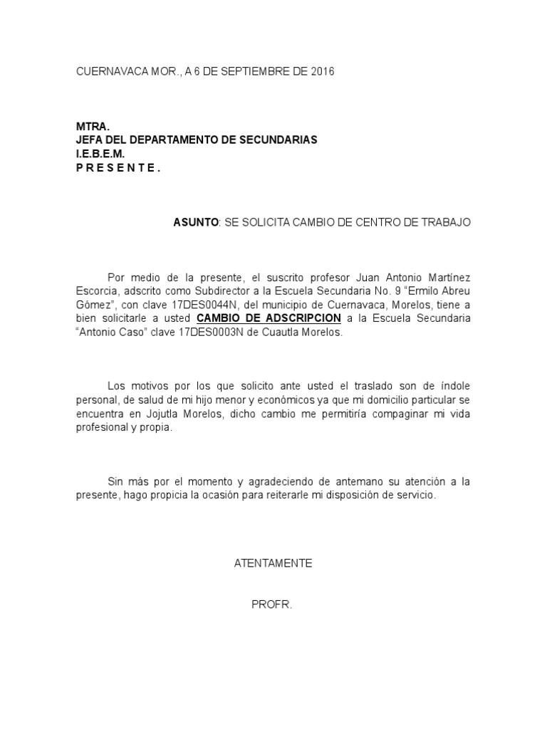 Solicitud Cambio de Centro de Trabajo