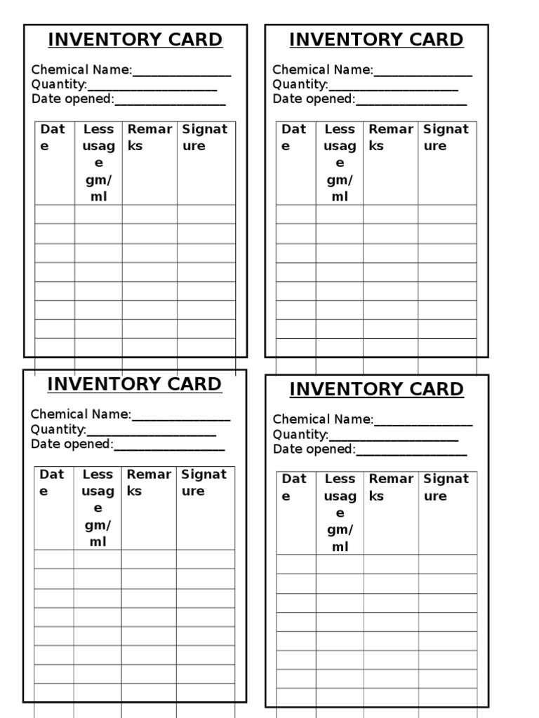 Inventory Card Inventory Card: Dat e Less Usag e GM/ ML Remar Ks Signat ...