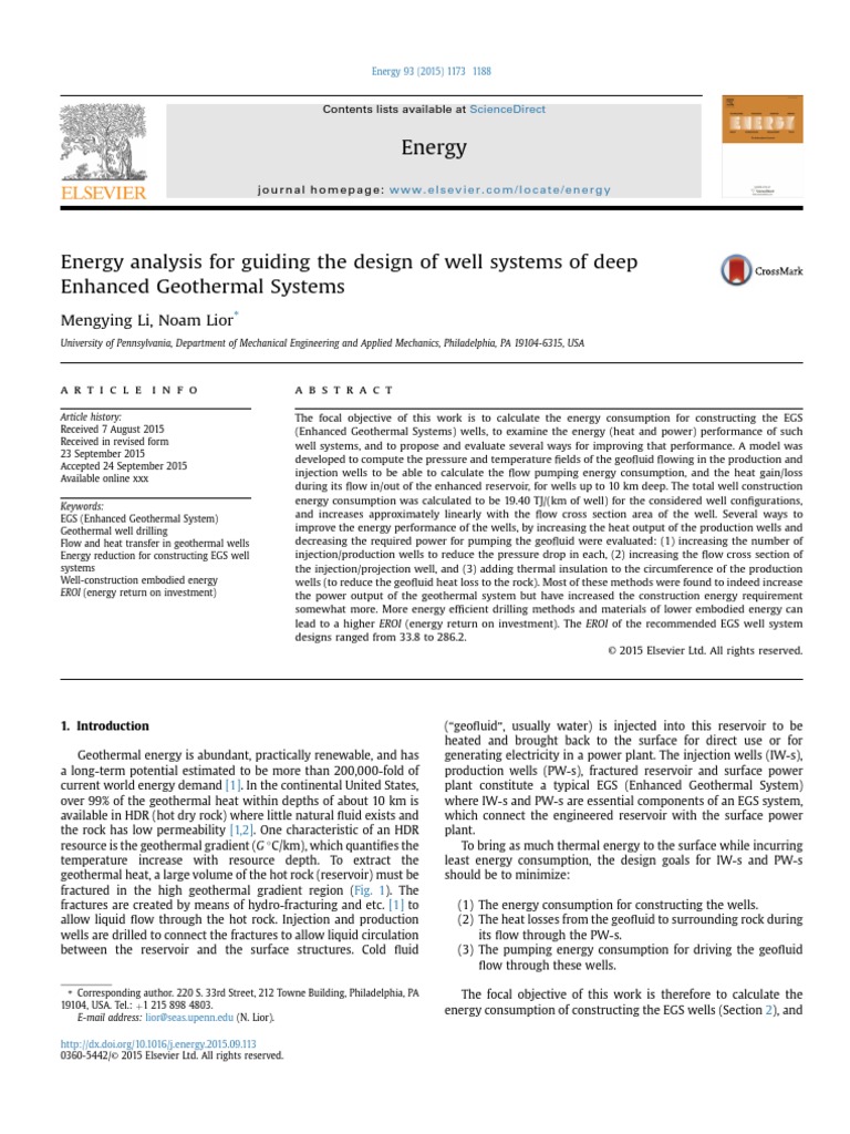 Energy Analysis For Guiding The Design of Well Systems of Deep Enhanced ...
