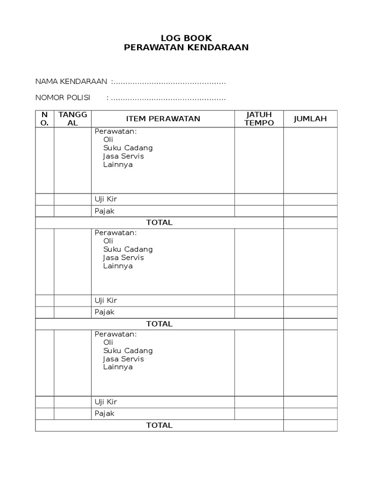 Log Book Pemeliharaan Kendaraan