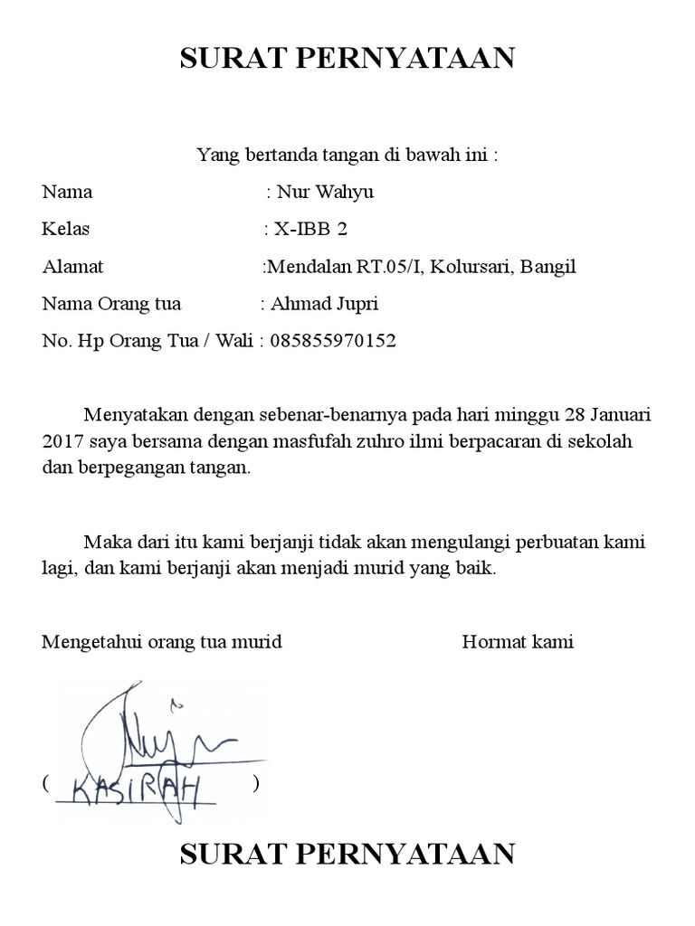 Contoh Surat Perjanjian Tidak Akan Menuntut