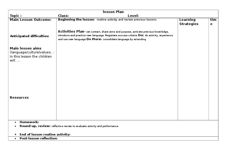 Lesson Plan Topic: Class: Level: Main Lesson Outcome: Learning ...