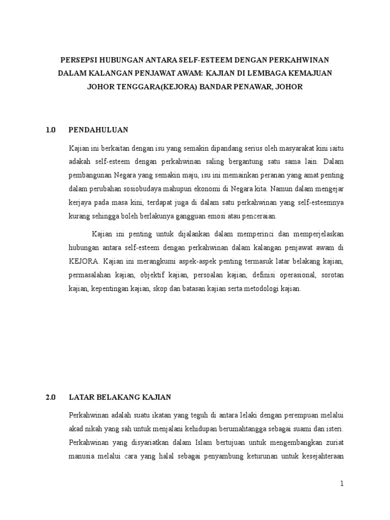 Proposal Persepsi Hubungan Antara Self Esteem Dengan Perkahwinan Pdf