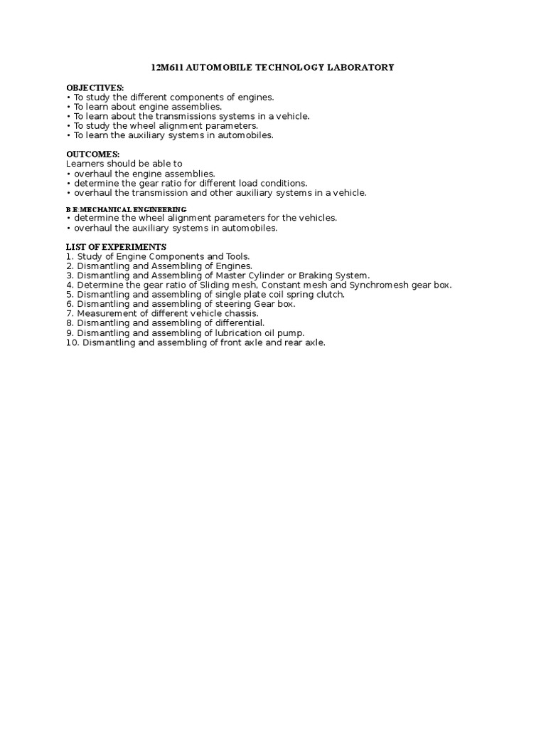 Automobile Technology Laboratory Guide | PDF