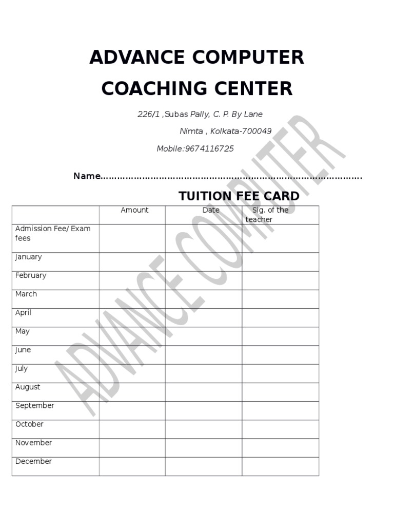 Tuition Fee Card Template | PDF