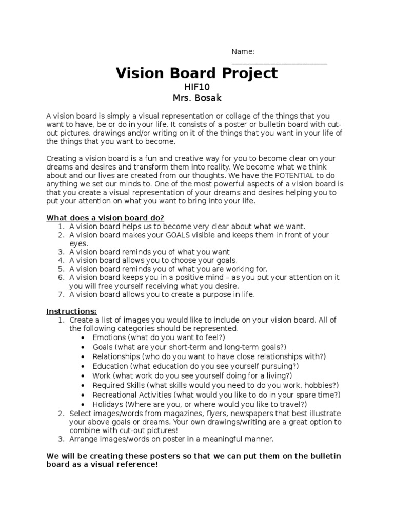 vision board presentation rubric