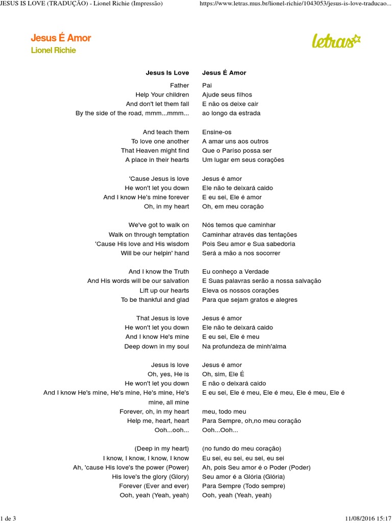 Letras Lionel Richie Jesus Is Love Tradução Pdf