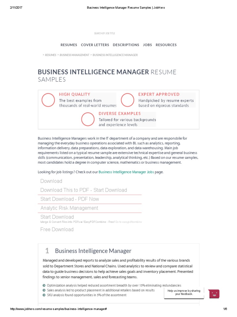 Business Intelligence Manager Resume Samples - JobHero | PDF | Business  Intelligence | Customer Relationship Management