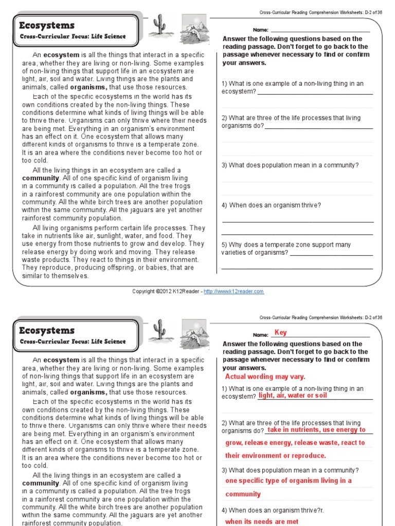 Worksheets Science Reading Comprehension Worksheets ecosystems passage 1 ecosystem life