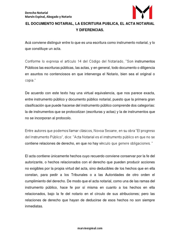 El Documento Notarial, La Escritura Publica, El Acta Notarial y Diferencias. Gobierno Política