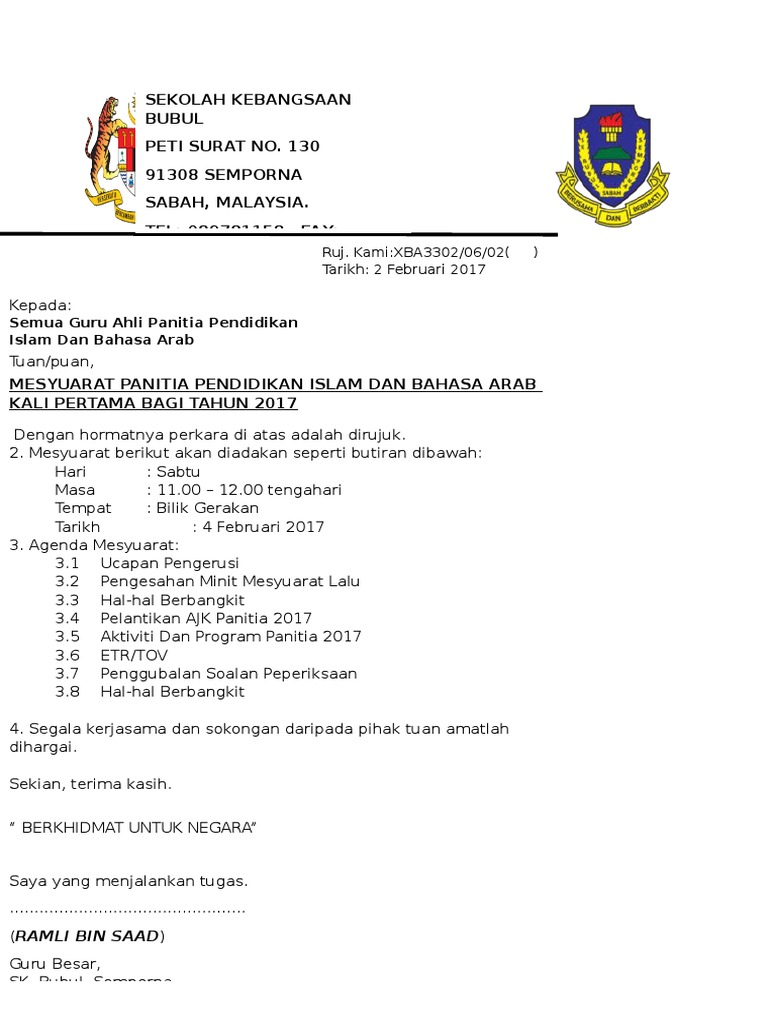 Contoh Surat Panggilan Mesyuarat Panitia Matematik