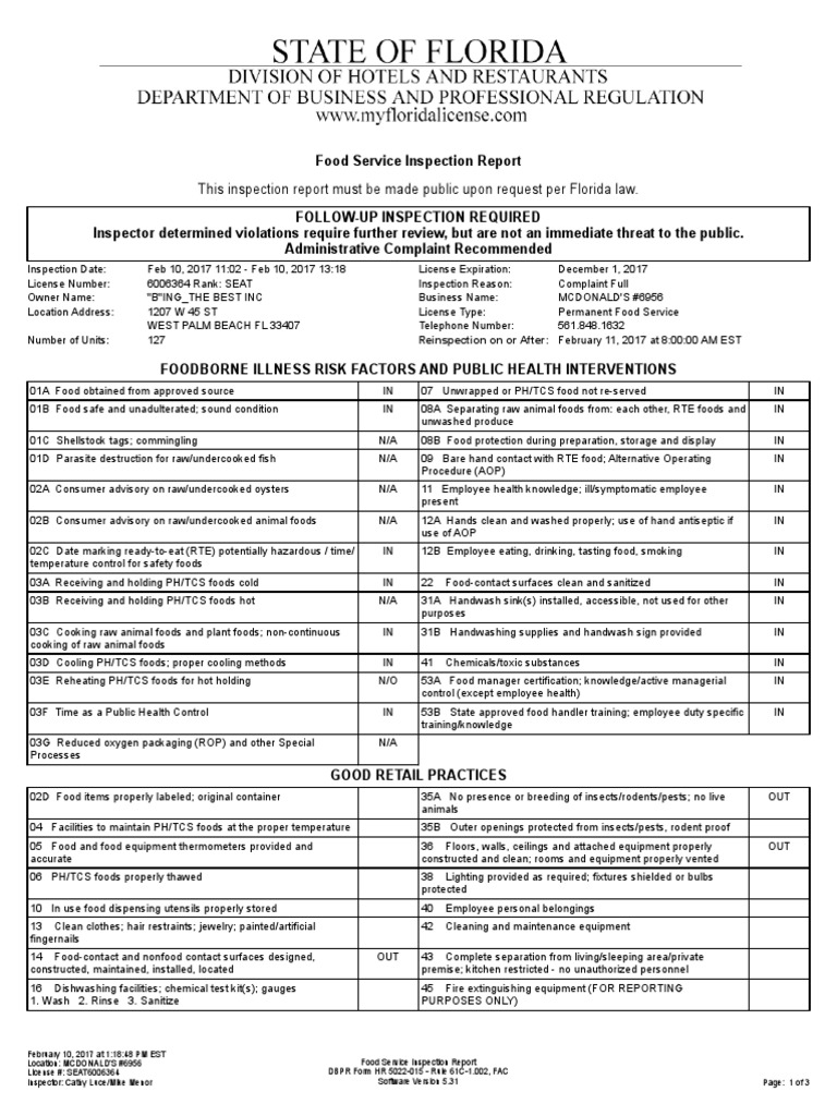 Food Service Inspection Report 6156217 - 17 | PDF | Foods | Nature