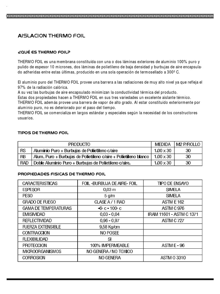 Aislacion Con Membrana Thermo Foil PDF | PDF | Conduccion termica ...
