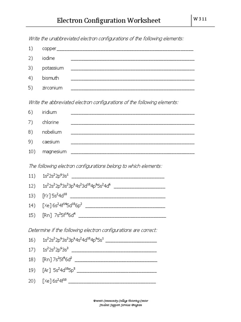 Electron Configuration Worksheet W 311 | PDF | Science & Mathematics ...