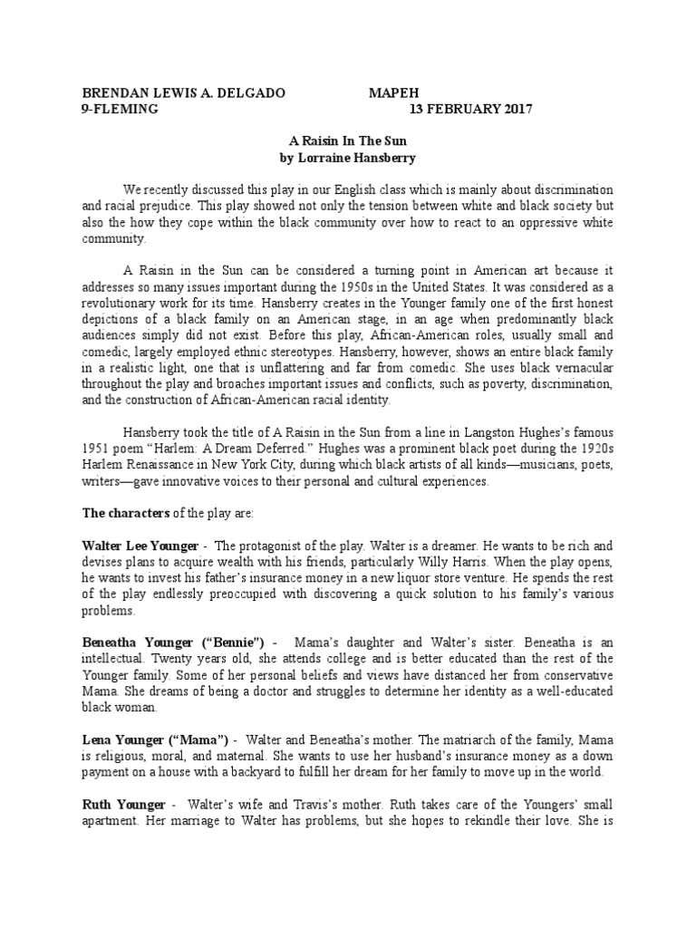 Mapeh Play Essay Raisin in The Sun PDF Society Discrimination