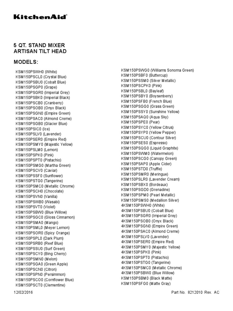 Repair Part List Kitchen Aid Mixer | PDF | Gear | Yellow