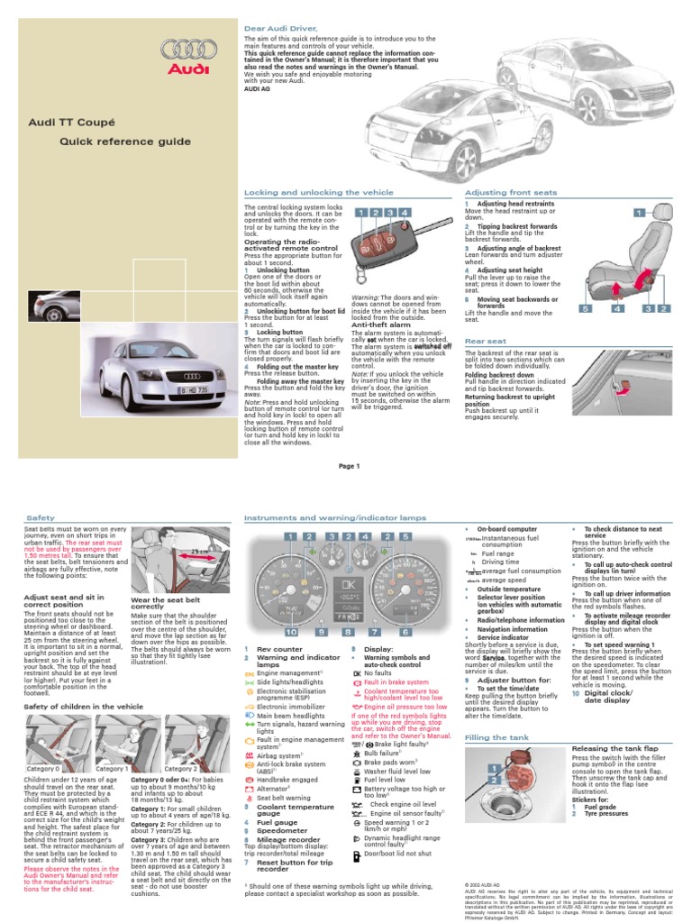 Audi TT Coupe MK1 QuickReferenceGuide PDF | PDF | Automatic