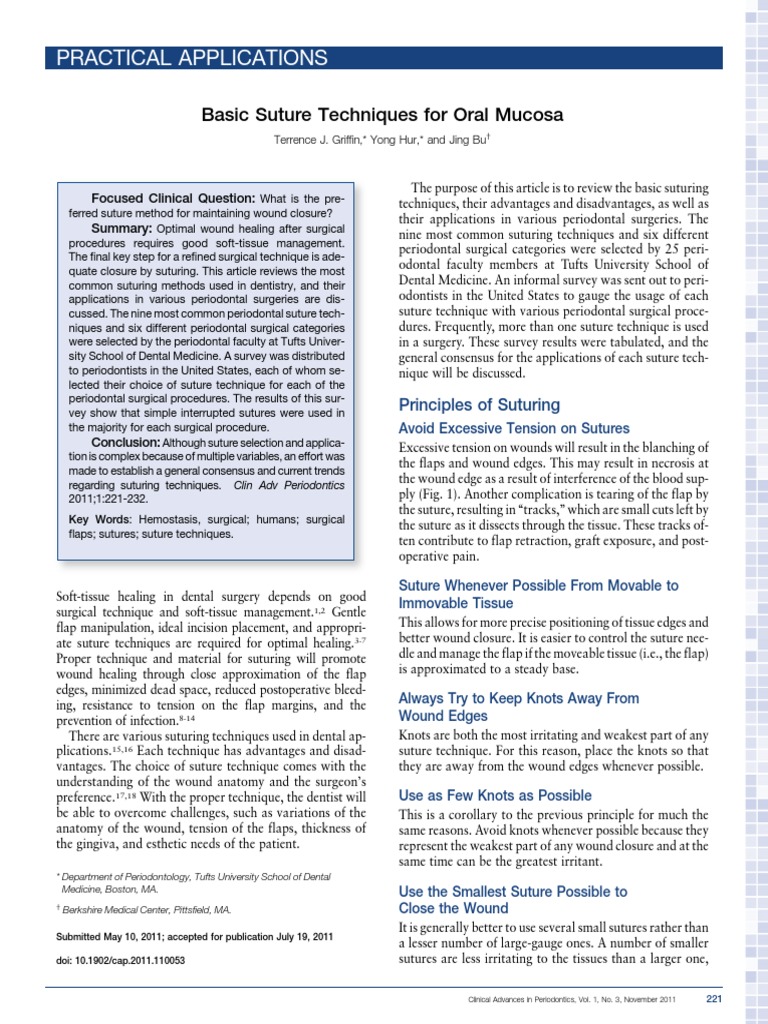 Basic Suture Techniques For Oral Mucosa PDF Surgical Suture Wound