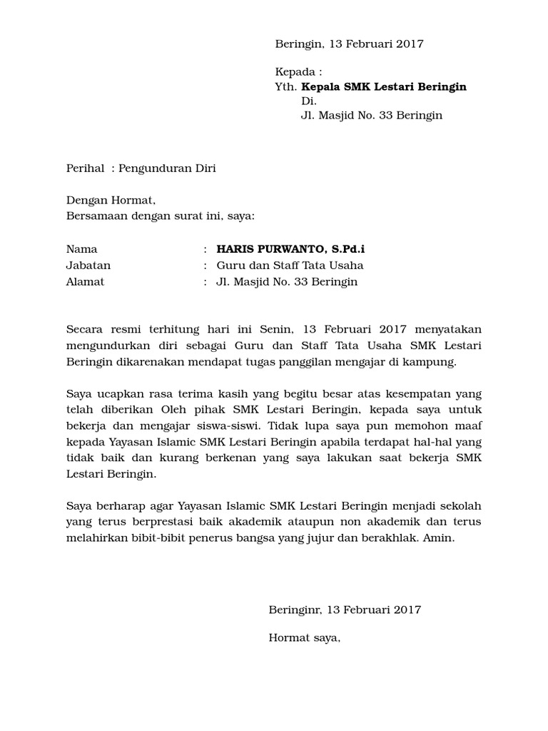 Contoh Surat Pengunduran Diri 2017