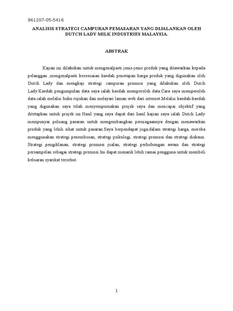 Analisa Strategi Campuran Pemasaran Yang Dijalankan Oleh Dutch Lady Milk Industries Malaysia Pdf