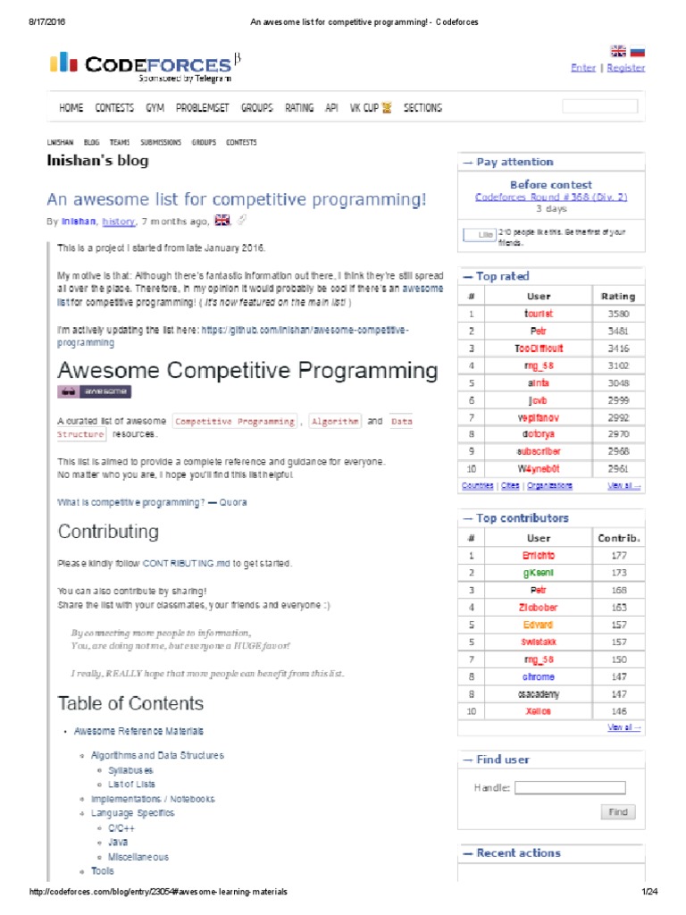 An Awesome List For Competitive Programming! - Codeforces | PDF