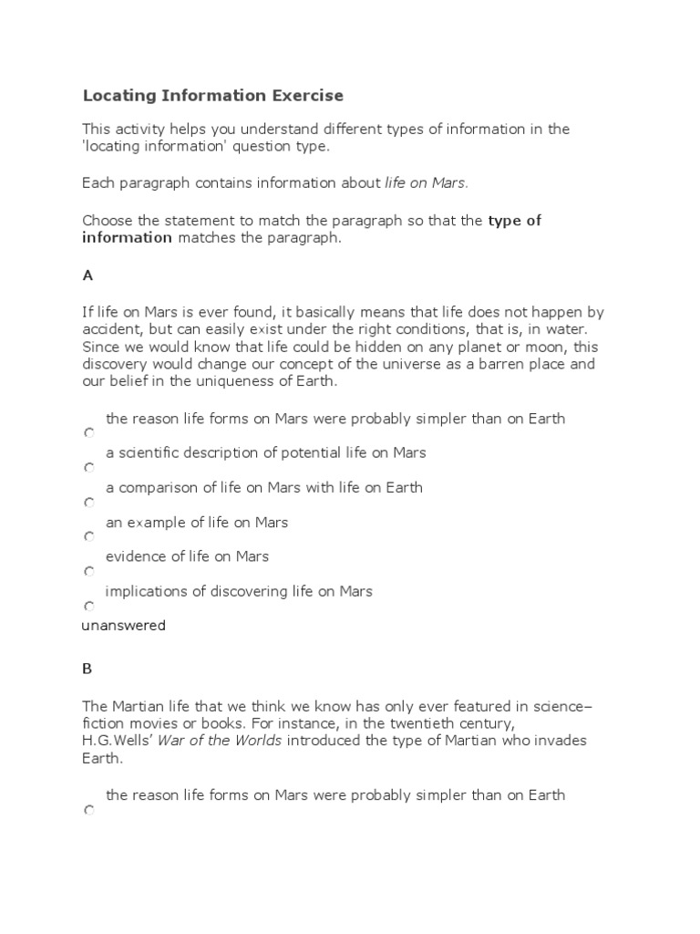Locating Information Exercise PDF Life On Mars Mars