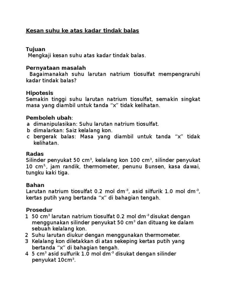 Kesan Suhu Ke Atas Kadar Tindak Balas Pdf