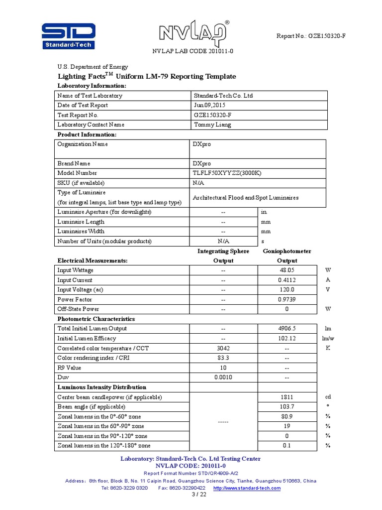 LM-79 Test Report for DXpro Luminaires | PDF | Lighting | Psychophysics