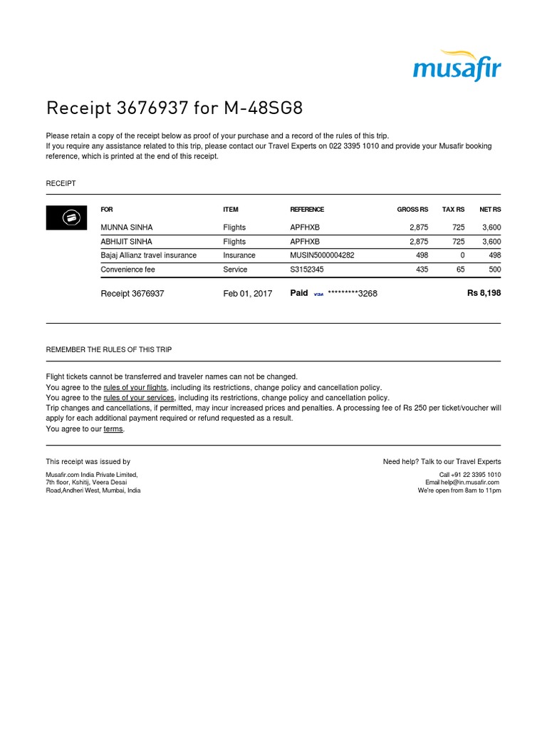 Musafir Trip Receipt 3676937 Details | PDF