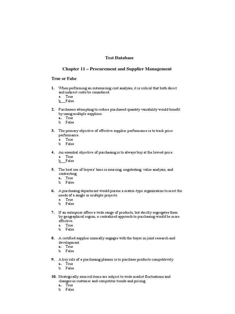 Procurement and Supplier Management Quiz | PDF | Procurement | Supply Chain