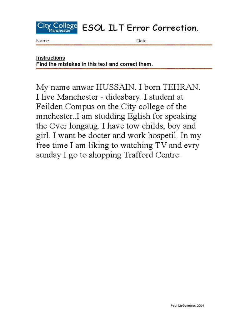 About Me Paragraph Error Correction PDF