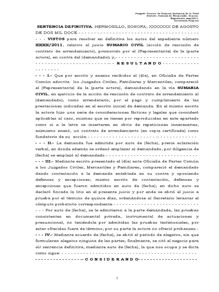 Sentencia Juicio Sumario Civil | Alquiler | Demanda judicial | Prueba ...