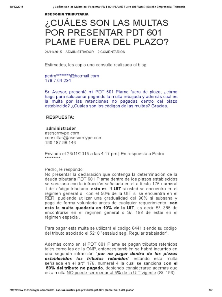 Multas por Presentar PDT 601 Fuera de Plazo | PDF | Gobierno | Política ...
