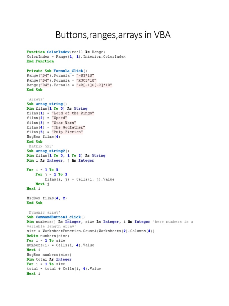 Buttons, Ranges and Arrays VBA PDF Subroutine Matrix (Mathematics)