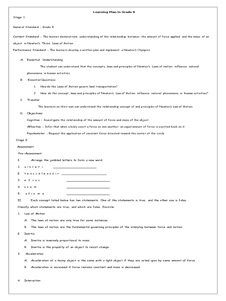 Grade 8 Newton's Laws Learning Plan | PDF | Acceleration | Force