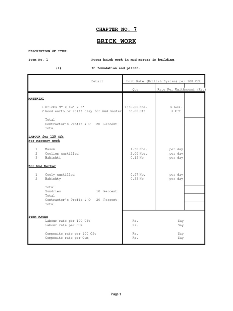 Pucca Brick Work Cost Estimates | PDF | Mortar (Masonry) | Lime (Material)