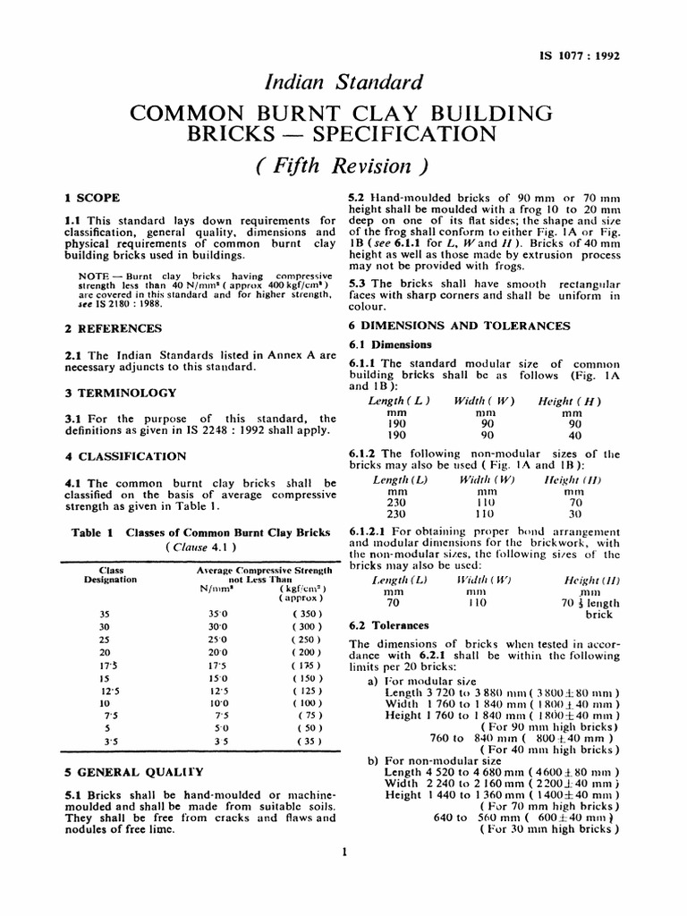 Is 1077 (1992)_ Common Burnt Clay Building Bricks Specification