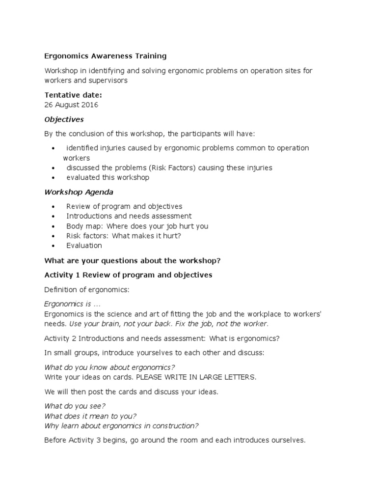 Ergonomics Awareness Training Workshop | PDF | Human Factors And ...