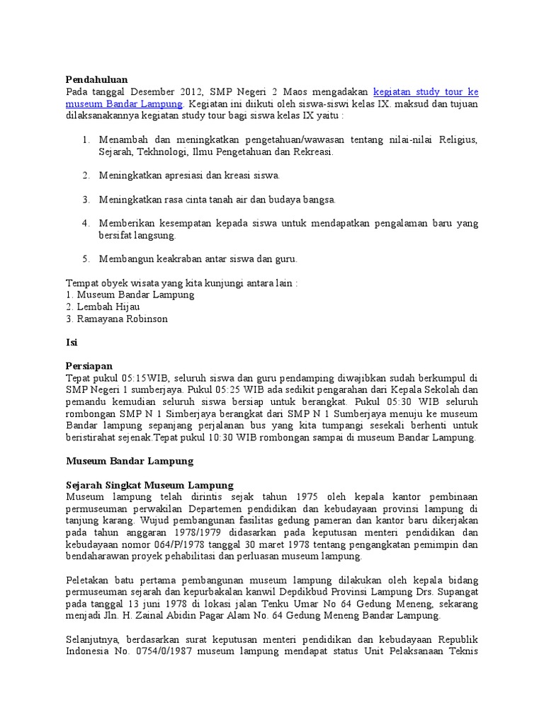 Contoh Laporan Perjalan Museum Lampung