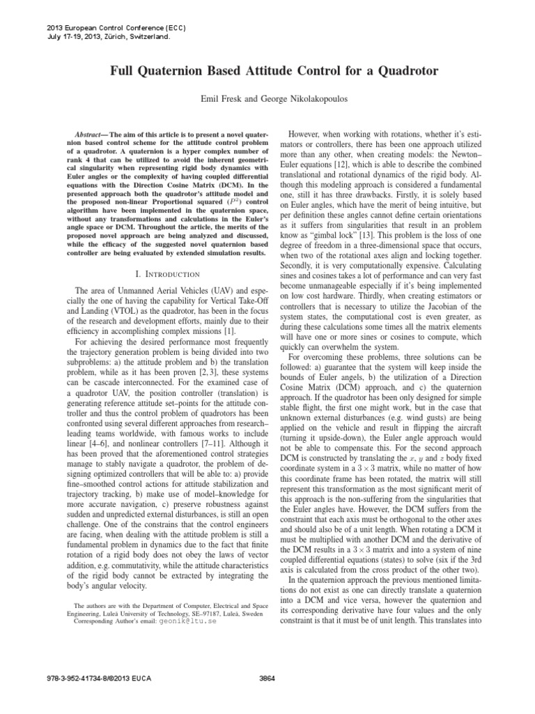 Fresk, Nikolakopoulos Full Quaternion Based Attitude Control For A Quadrotor PDF PDF